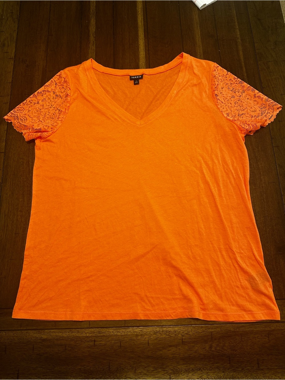 torrid Bright Orange V-Neck Tee with Lace Short Sleeves